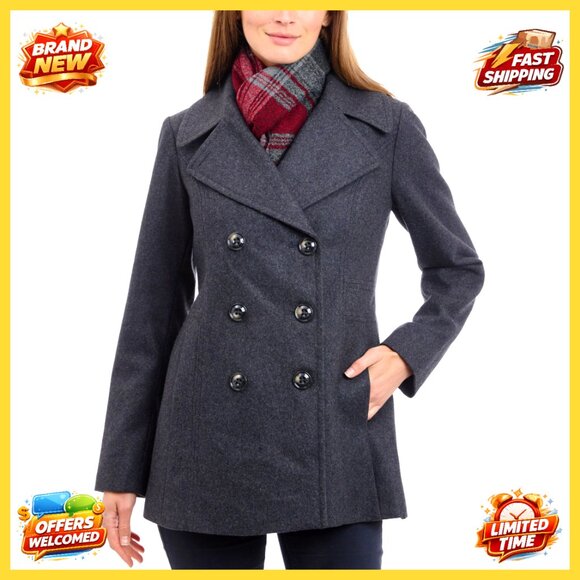 Double Breasted Wool Blend Peacoat with Scarf Classic Elegant Plus Size Winter